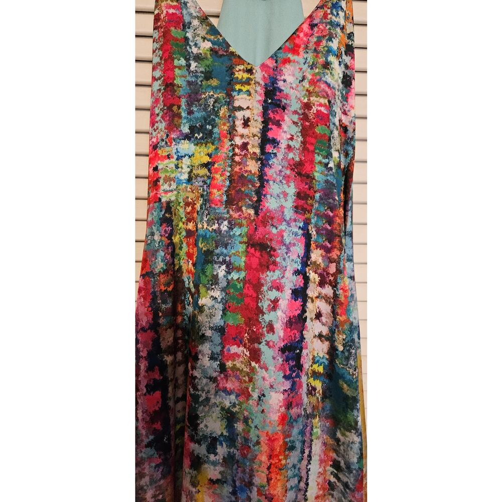 Nicole Miller Watercolor Silky Shelf Bra Slip Racerback Dress Pockets - Picture 2 of 6